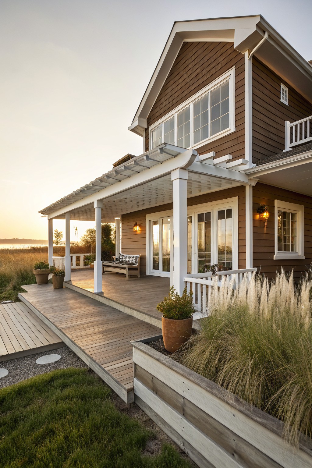 A two-story brown shingled house with white trim and a pergola-covered porch extending to a wooden deck, surrounded by pampas grass, potted plants, and a marsh landscape at sunset.