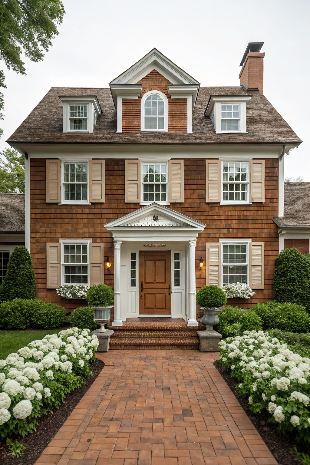 Two-story house with brown shingle siding, white trim and shutters on multi-pane windows, white pedimented portico entry with columns and wood door, brick steps and path bordered by white hydrangeas and boxwood shrubs.