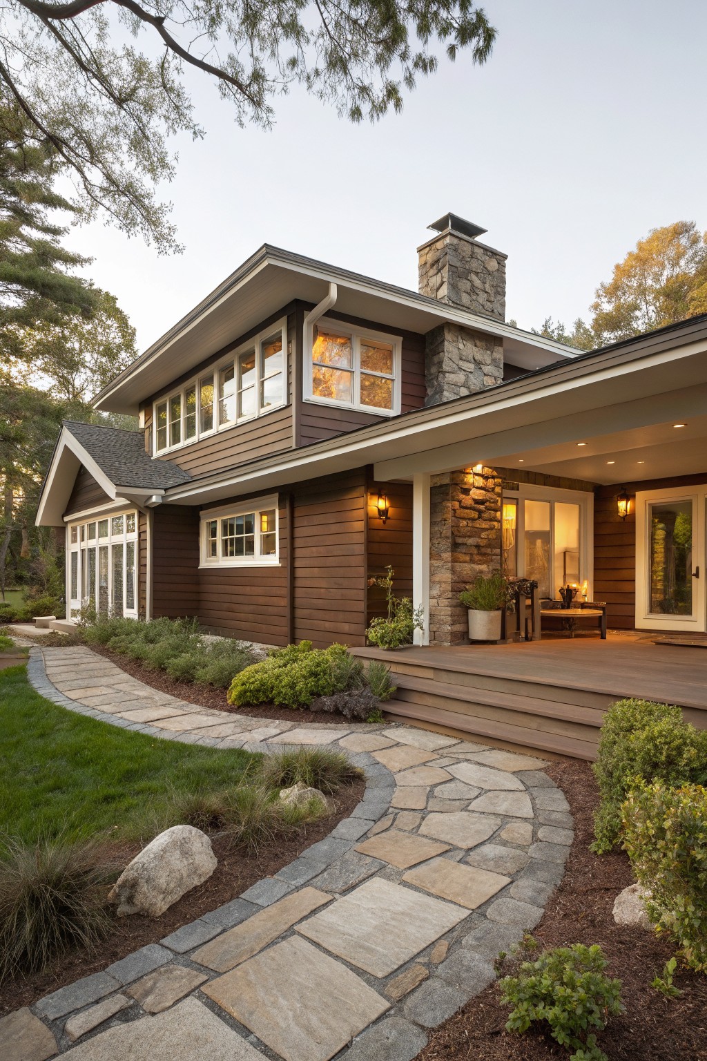Two-story house exterior featuring brown shingle siding, white trim on windows and rooflines, stone chimney, covered porch with furniture, and curved stone pathway through landscaped yard with shrubs and grass.