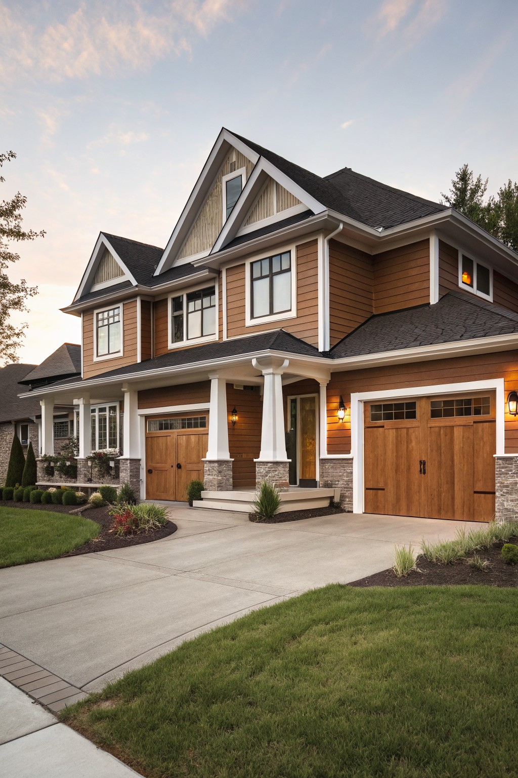 Two-story house exterior with brown shake and board-and-batten siding, white trim around gabled roof and windows, stone base, covered porch with columns, wooden garage doors, and landscaped front yard at dusk.