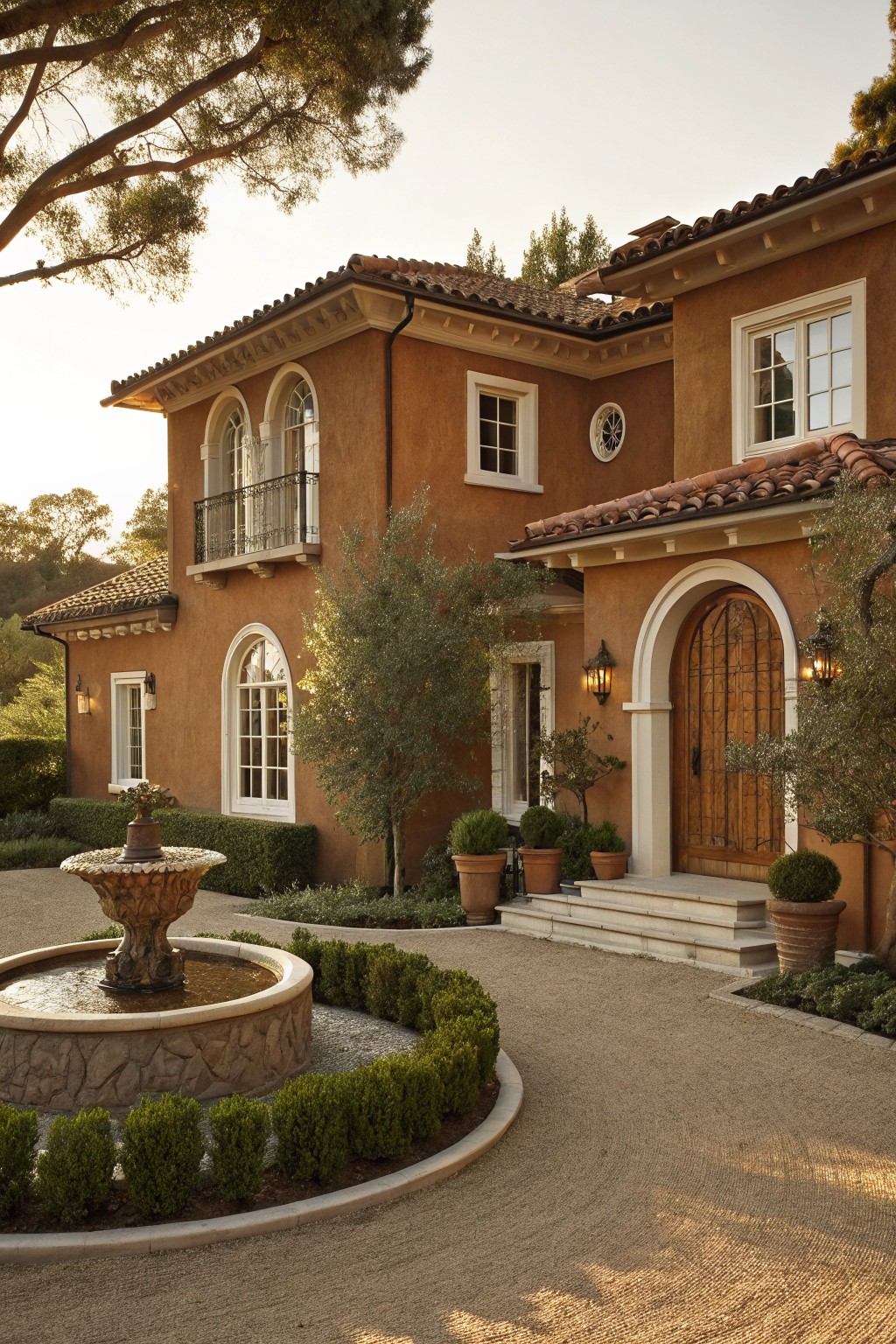 Two-story brown stucco house with terracotta tile roof, white-trimmed windows, tall arched wooden front door flanked by lanterns and olive trees, stone fountain in gravel courtyard edged by boxwood hedges.