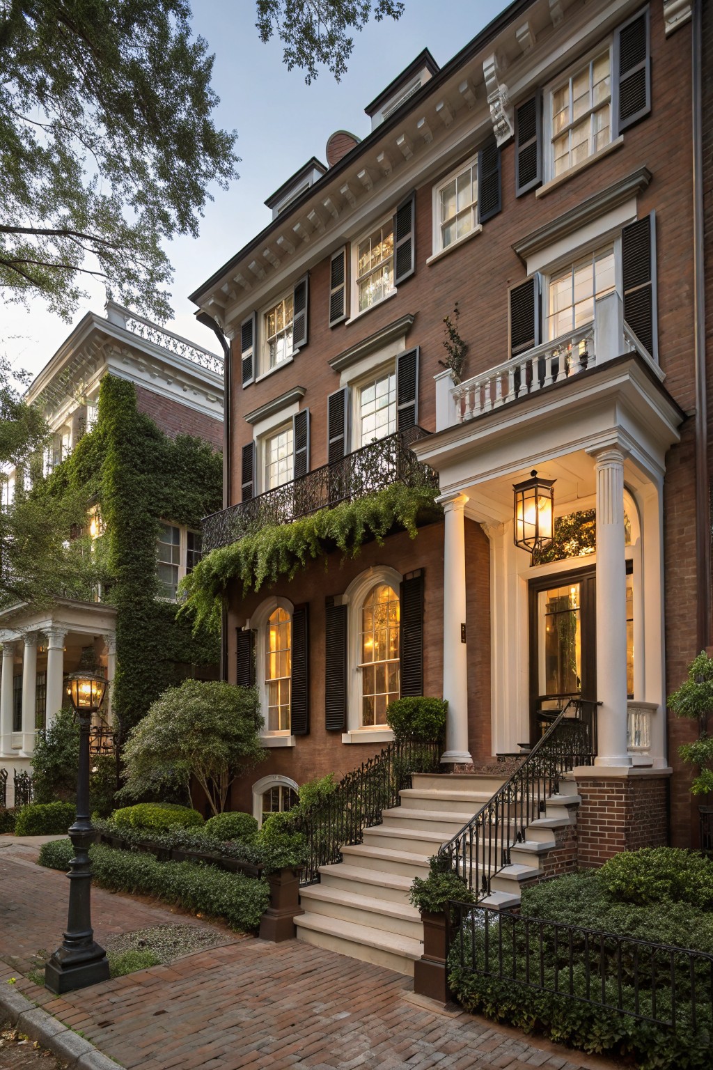 Two-story brown brick townhouse with white portico supported by columns, arched entry door, lanterns, brick steps with black iron railing, and low hedges on a brick sidewalk.