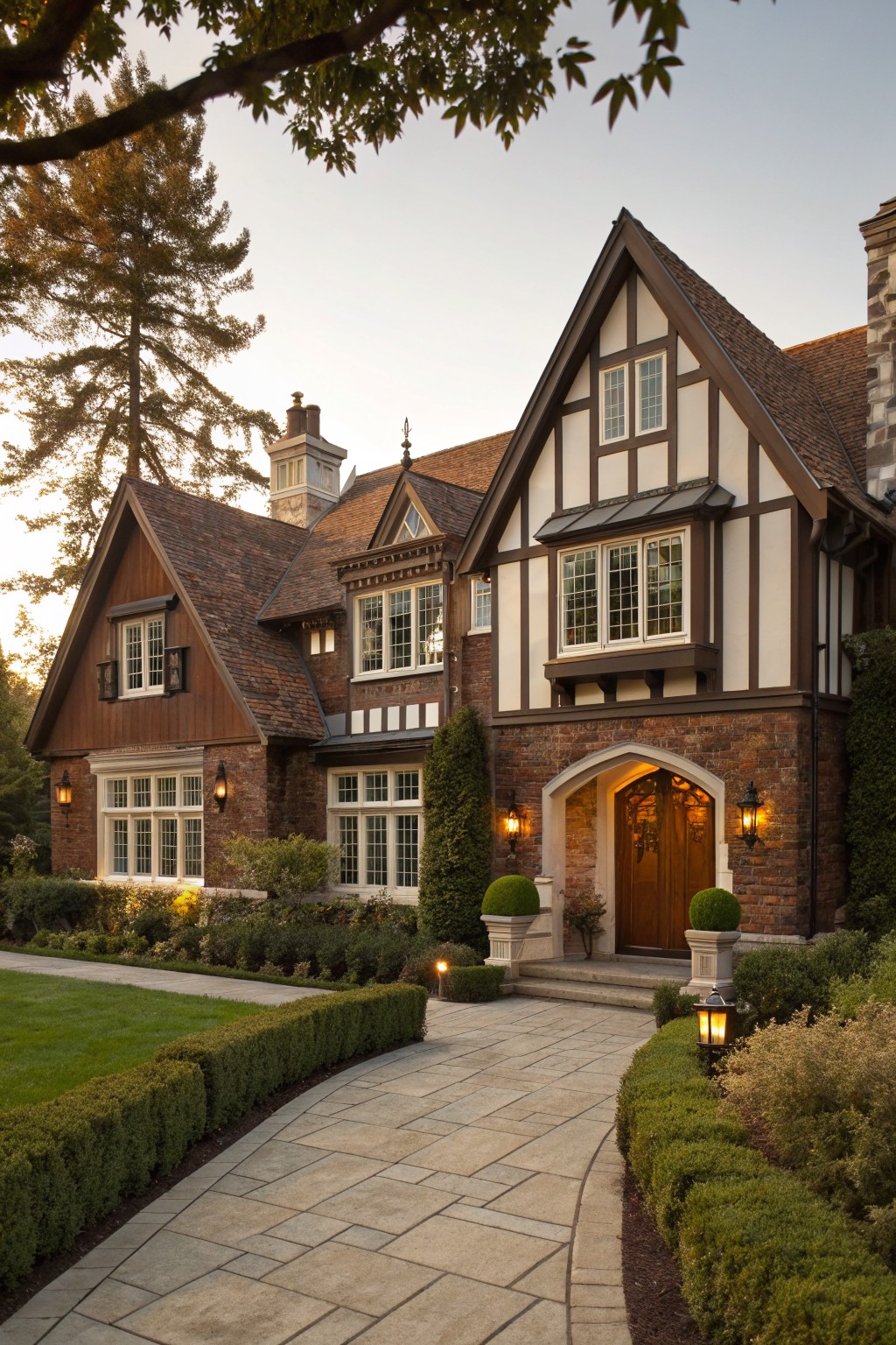Two-story Tudor-style house exterior featuring dark brown half-timbered wood framing on white stucco walls, brick base and accents, steeply pitched shingled roof, multi-pane windows, arched wooden front door with lanterns, stone pathway, boxwood hedges, and surrounding trees at dusk.