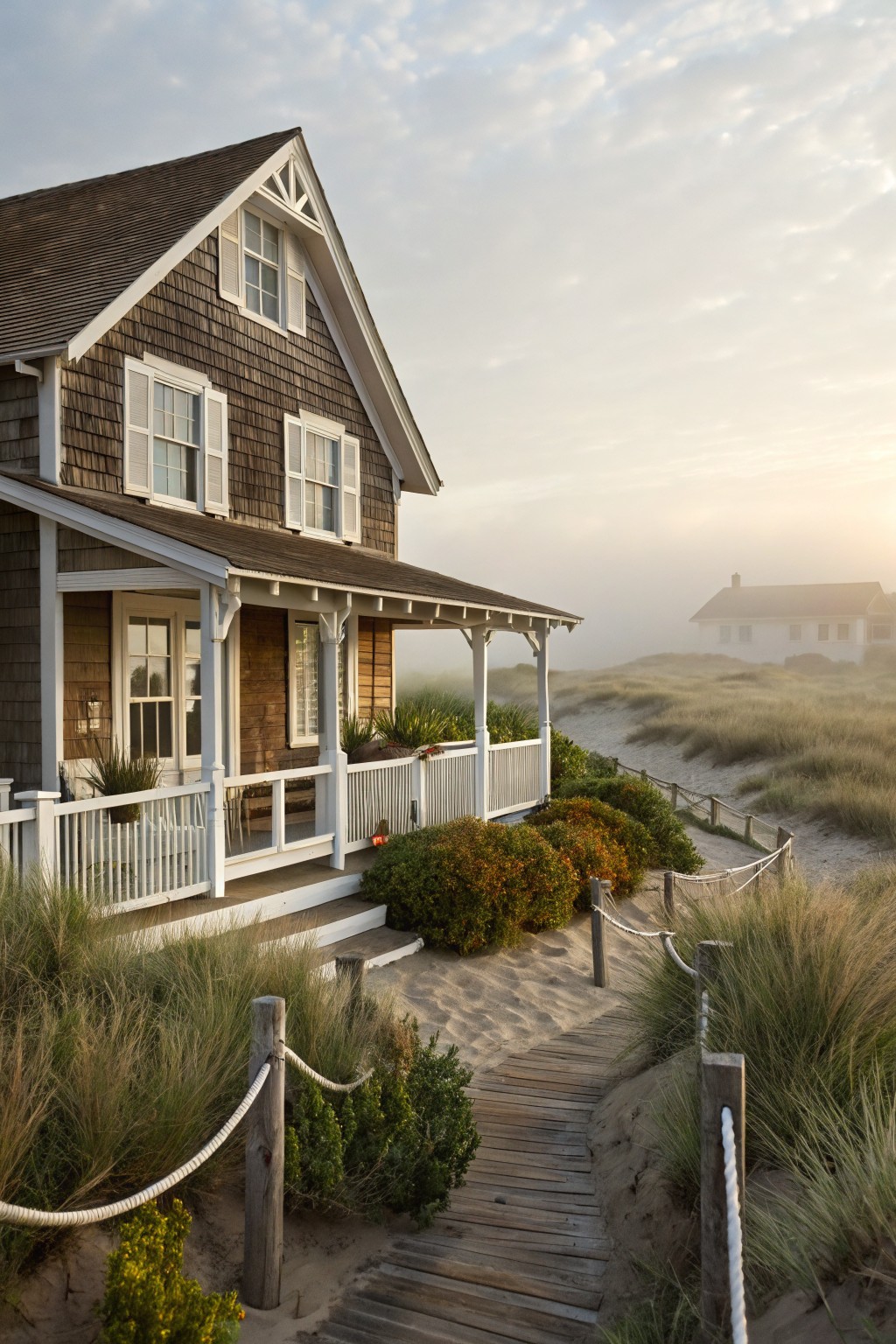 Brown shingle-style house with white trim, gabled roof, wraparound porch, and plants, next to a wooden boardwalk path through sand dunes near the beach at golden hour.