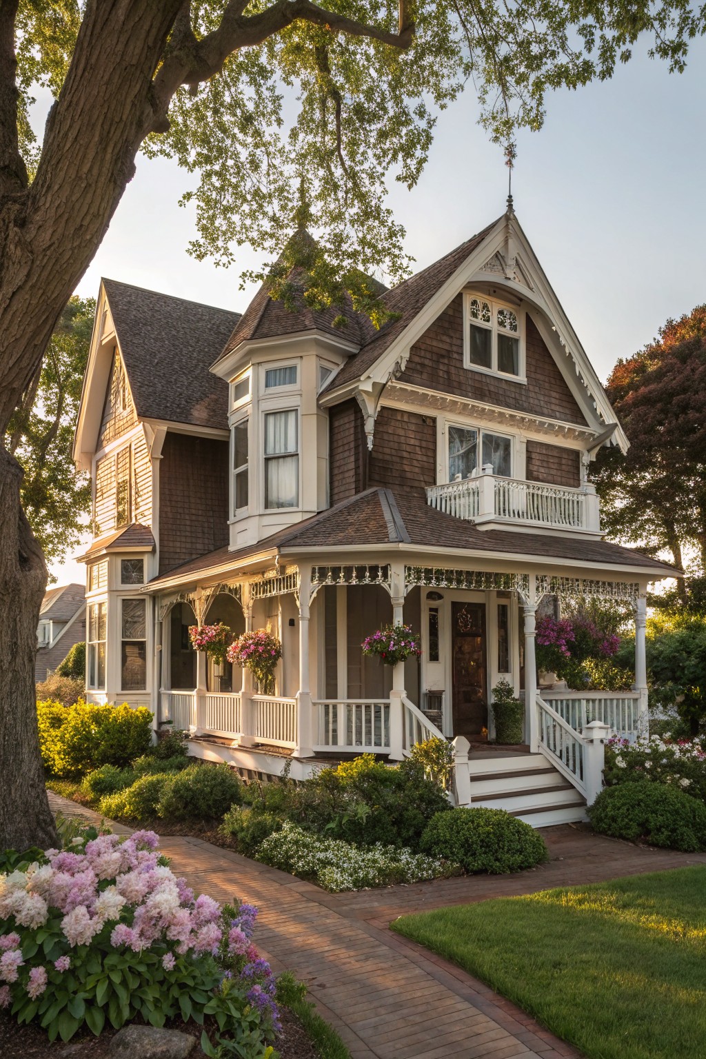 A two-story brown shingle house with white trim, wraparound front porch, bay windows, turret, and landscaping including flower beds and a brick path.
