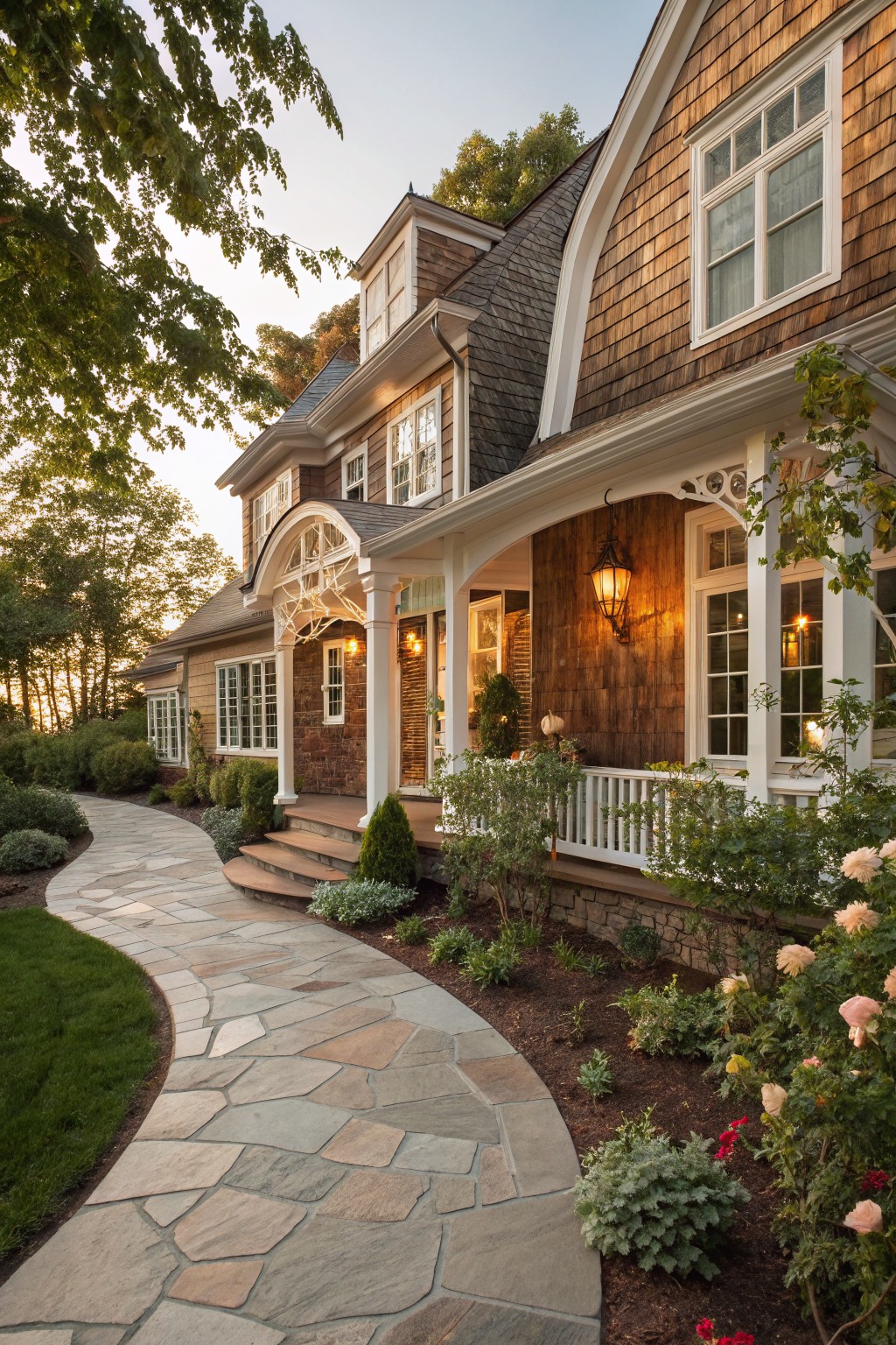 Two-story house with brown shingle siding, white window trim, covered front porch supported by white columns and brackets, lit lanterns, brick accents, curved stone pathway, and landscaped borders with shrubs and flowers.