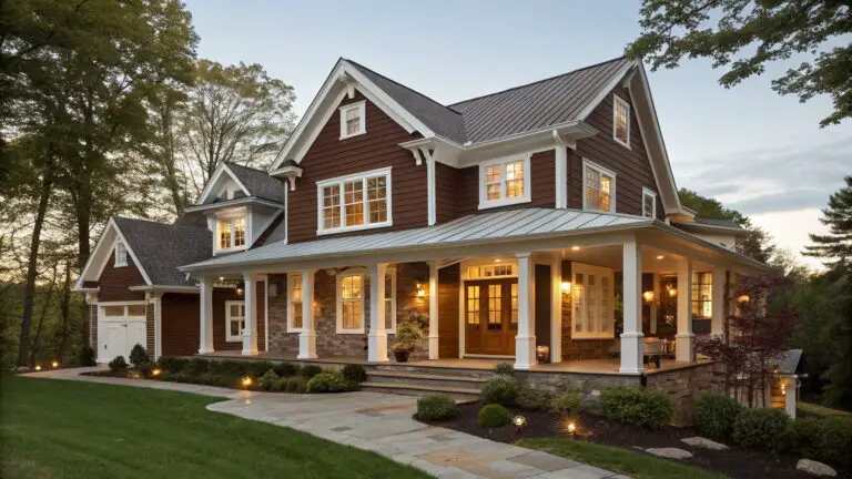A two-story house featuring dark brown shingle siding, white window trim, gabled roof with metal accents, covered front porch with white columns and lanterns, stone pathway, and low landscaping at dusk.