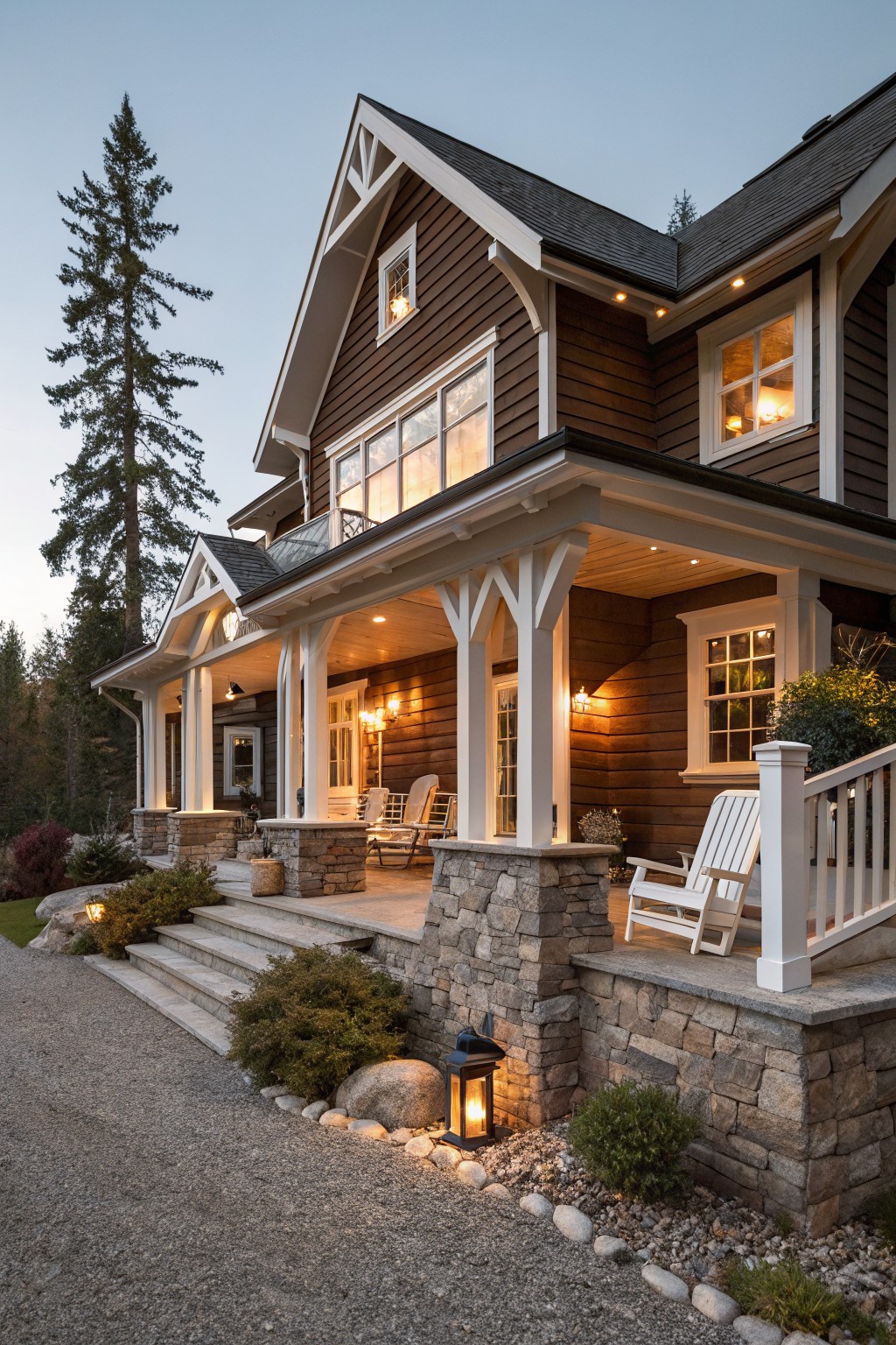 Two-story brown shingle house with white trim on windows and porch, featuring tapered white columns, Adirondack chairs, stone foundation pillars, lanterns, gravel driveway, and low shrubs at dusk.