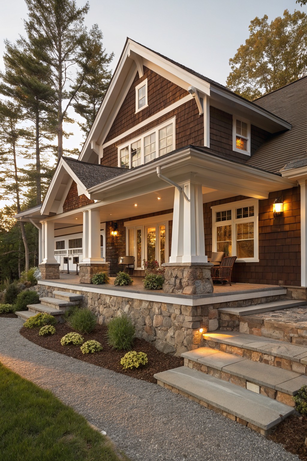 Two-story brown shingle house exterior with white trim, featuring a covered front porch with tapered white columns, stone retaining wall and steps, gravel path, and low plantings.