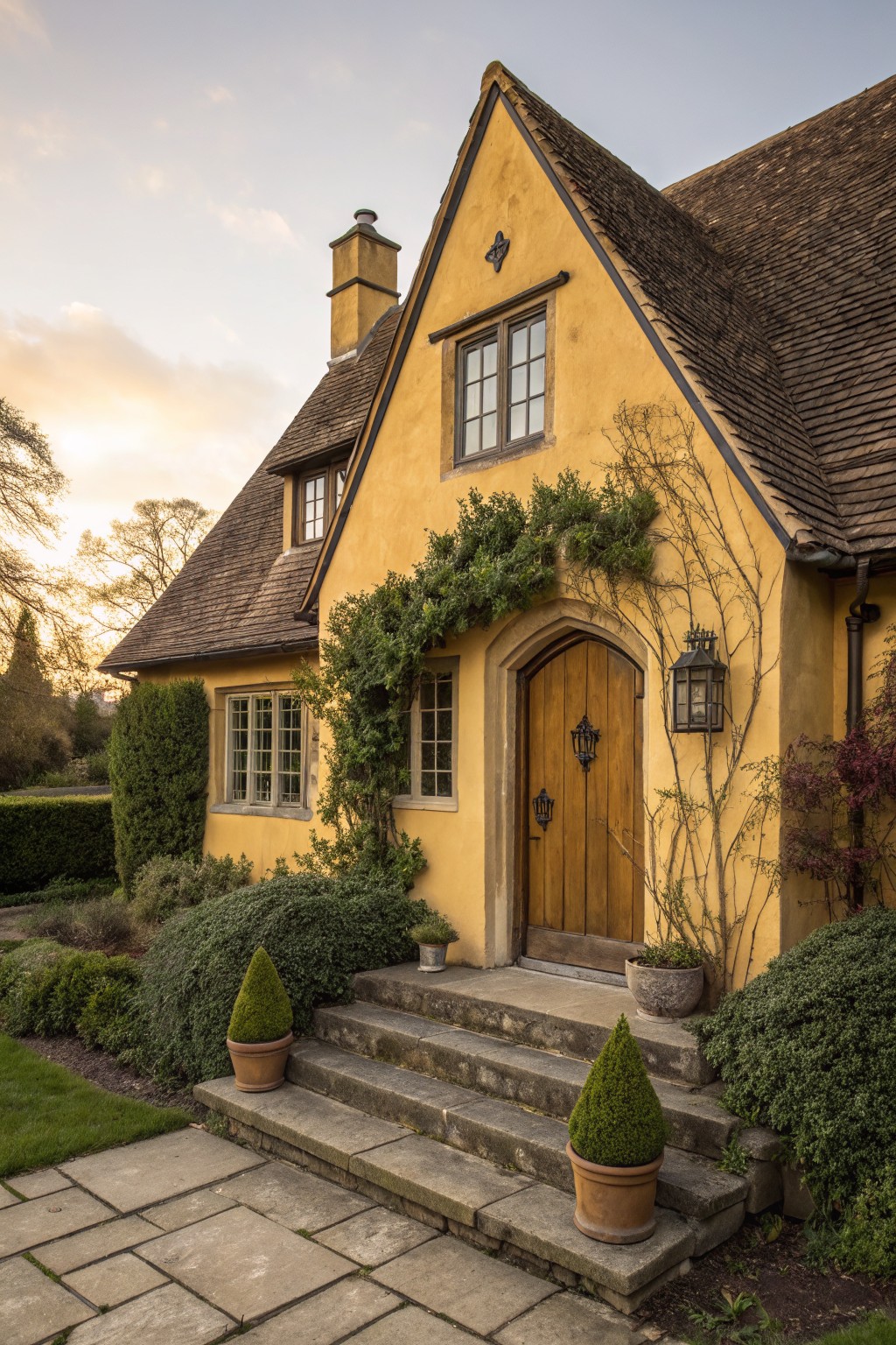 Yellow stucco house with brown tiled gabled roof, arched wooden front door with black iron lanterns and knockers, climbing vines along the archway, flanked by shrubs and topiary plants on stone steps beside a paved path.