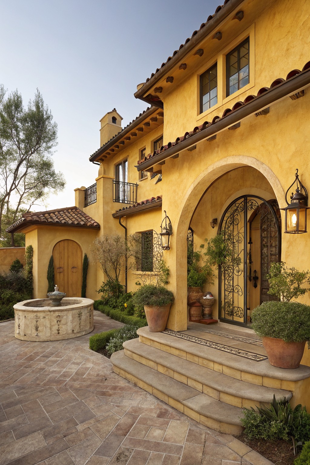 Yellow stucco house exterior with brown tile roof, arched wrought-iron gate entry, stone courtyard fountain, potted plants, lanterns, and steps on a tiled patio.