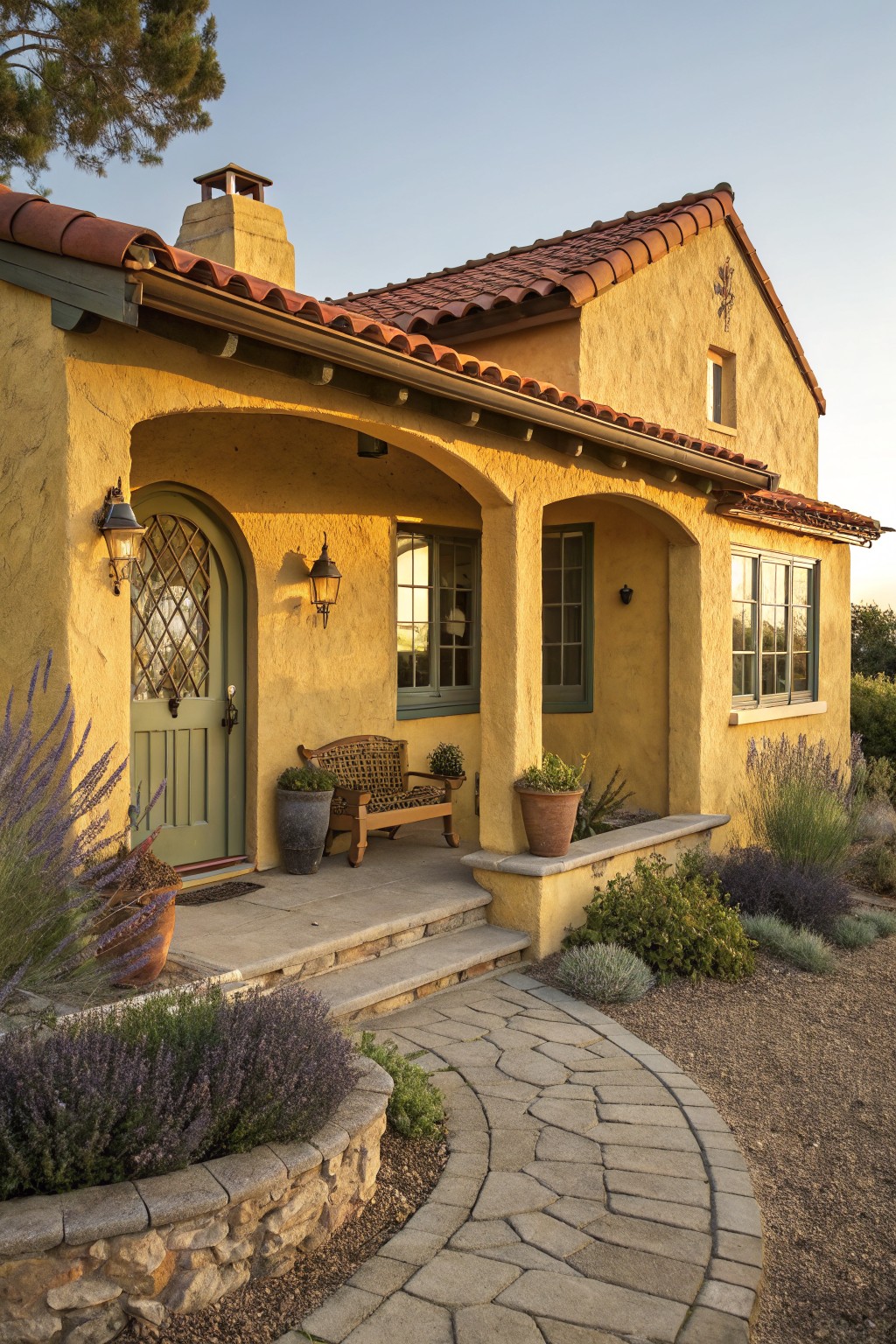 Yellow stucco house with terracotta tile roof, arched green door under covered porch with lanterns and wooden bench, potted plants, lavender shrubs, and curved stone pathway.