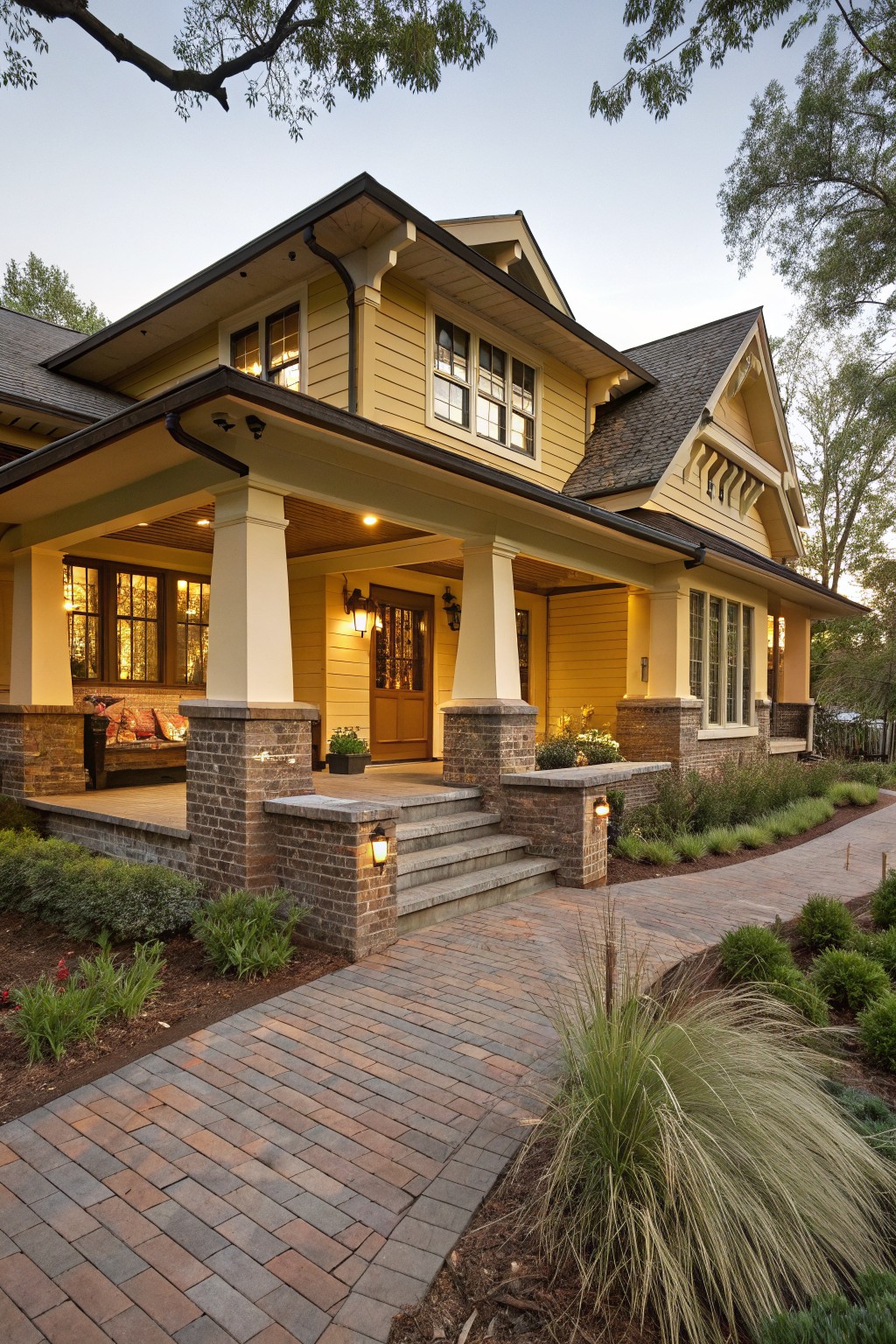 Yellow Craftsman-style house with covered front porch, white tapered columns on brick pillars, brick steps and pathway, and low landscaping along the edges.