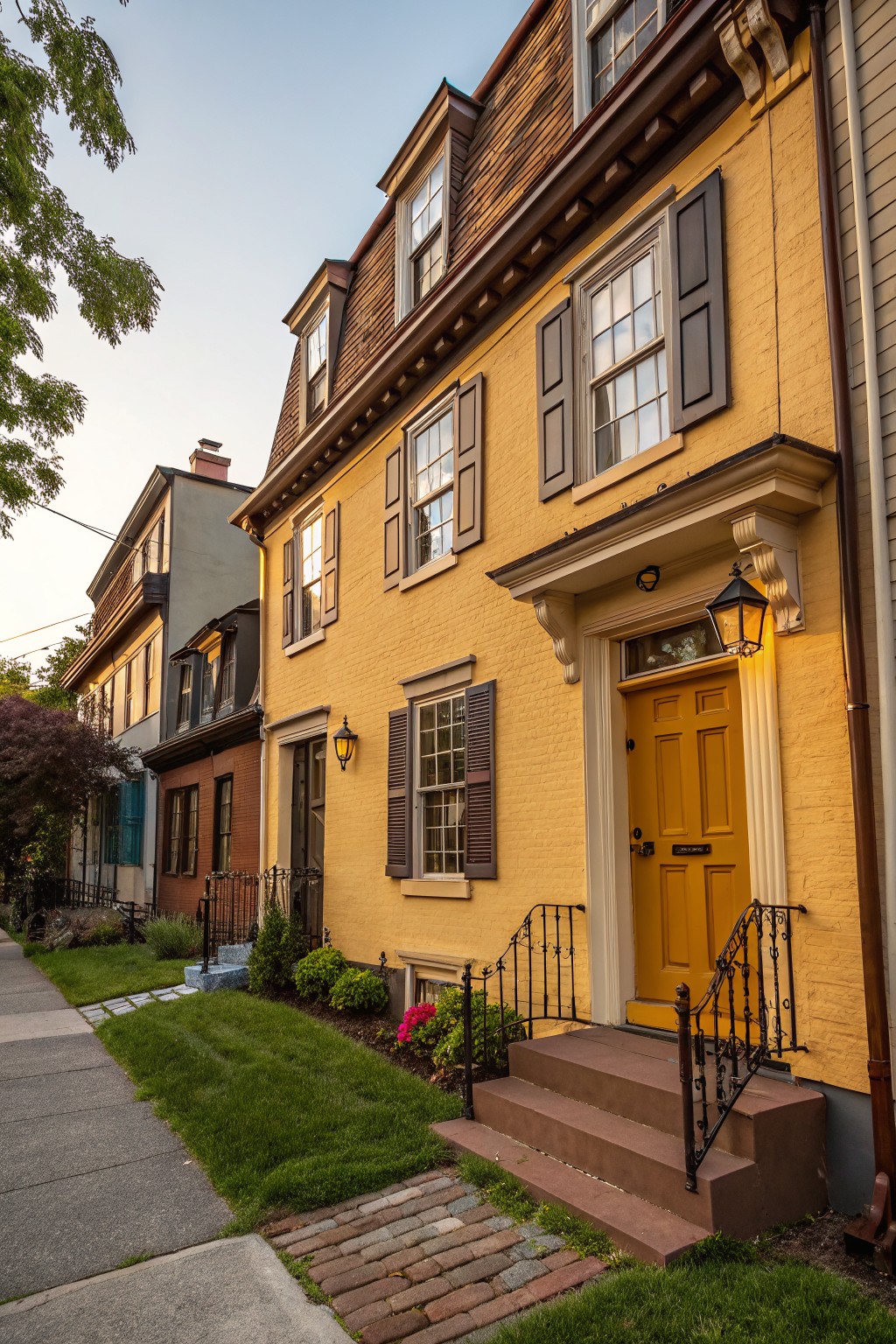 Yellow clapboard rowhouse with brown shingled roof, black shutters on multi-pane windows, bright yellow front door with transom, lanterns, wrought iron railings on brown stone steps, small front yard with grass and plants, adjacent houses visible.