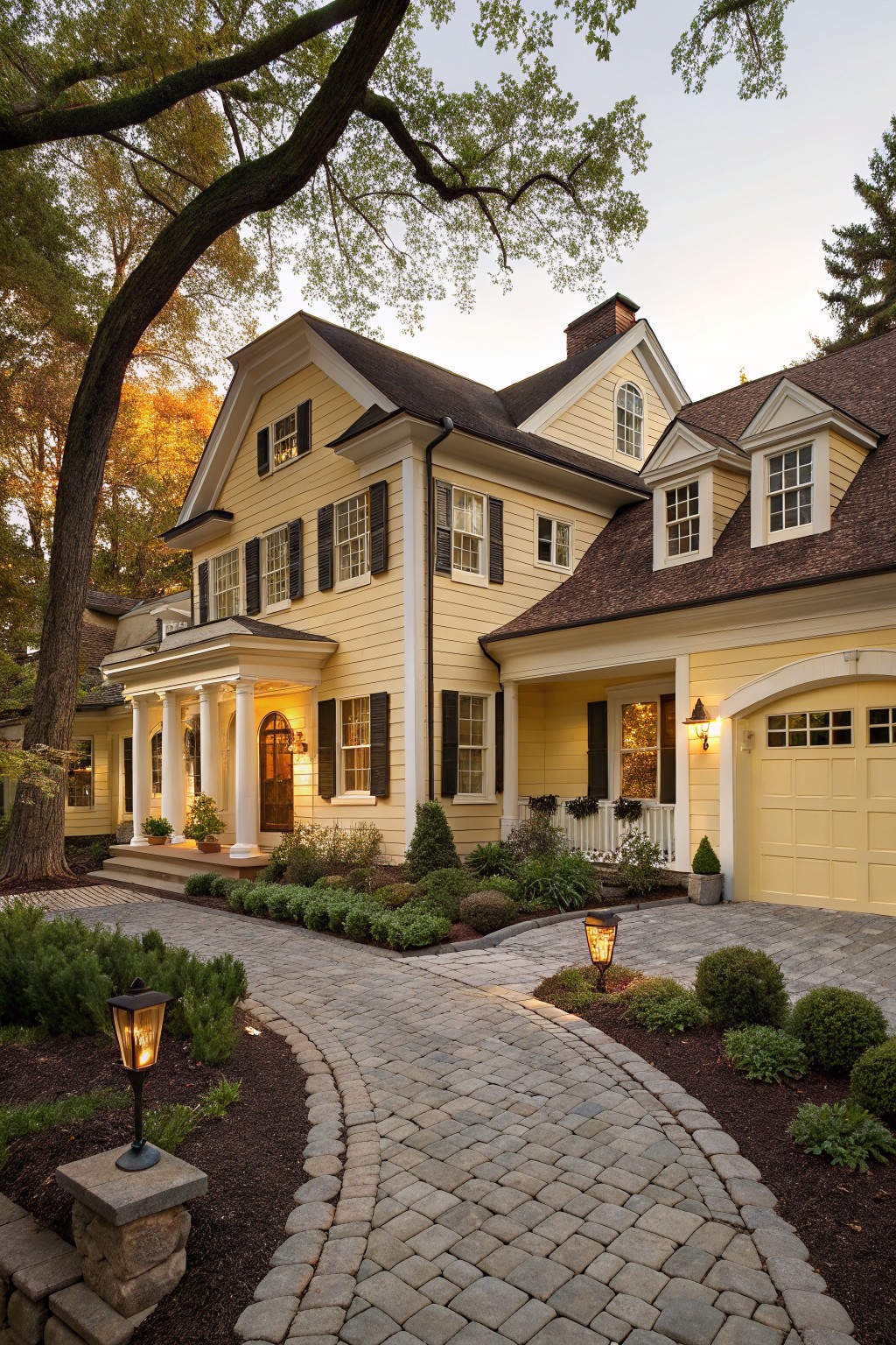 Two-story yellow clapboard house with white trim, black shutters, dark brown roof, columned front porch, attached yellow garage door, curved brick pathway with lanterns, shrubs, and large trees in evening light.