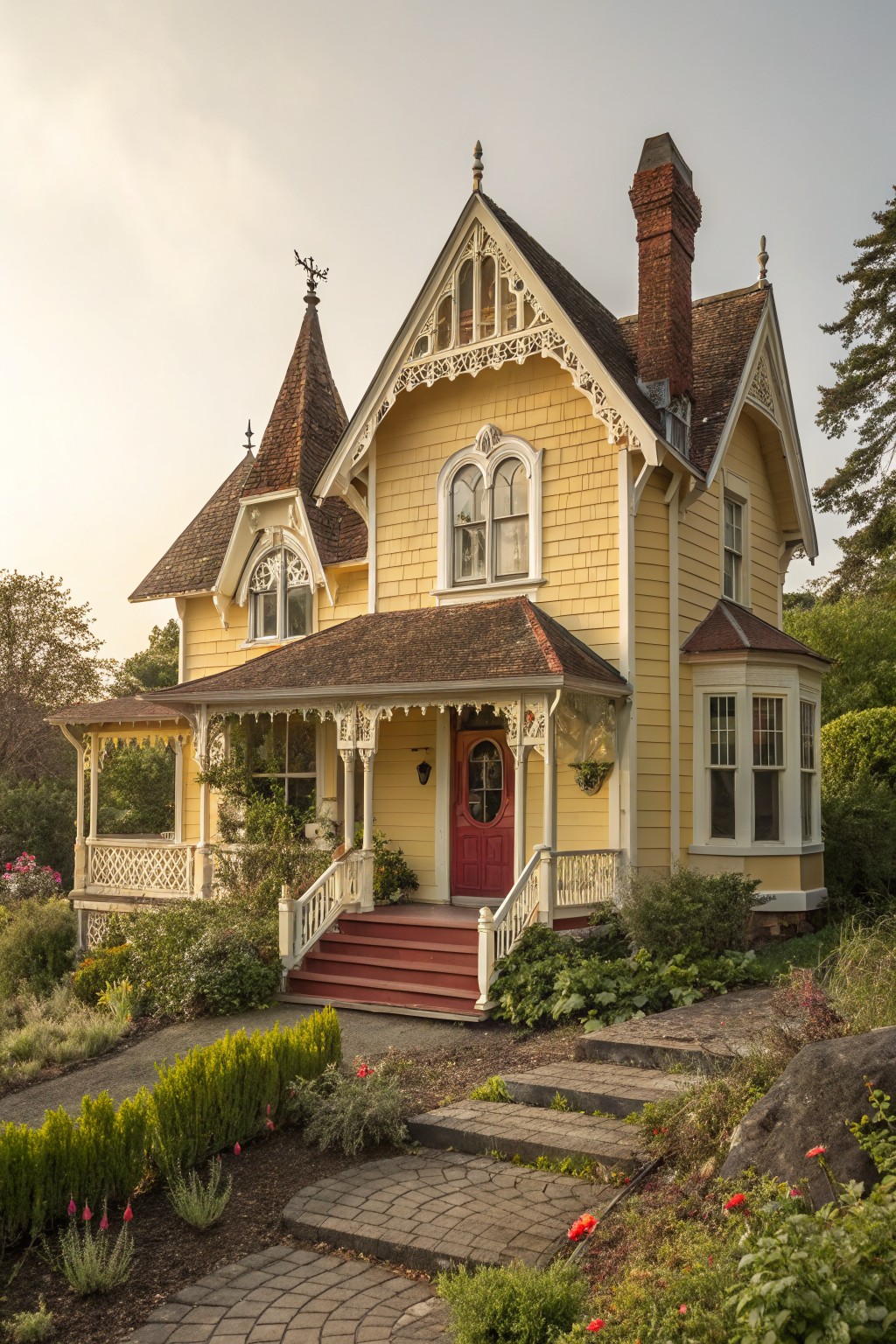 A yellow Victorian house with brown shingle roof, pointed turrets, ornate white trim on porch and gables, red front door, bay window, and front yard landscaping with stone steps and plants.