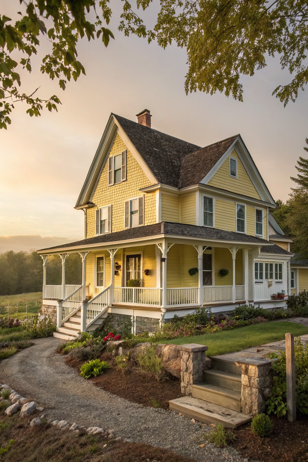A two-story yellow clapboard house with brown shingle roof, white-trimmed wraparound porch, gravel path, stone walls, and landscaping in a rural setting at sunset.