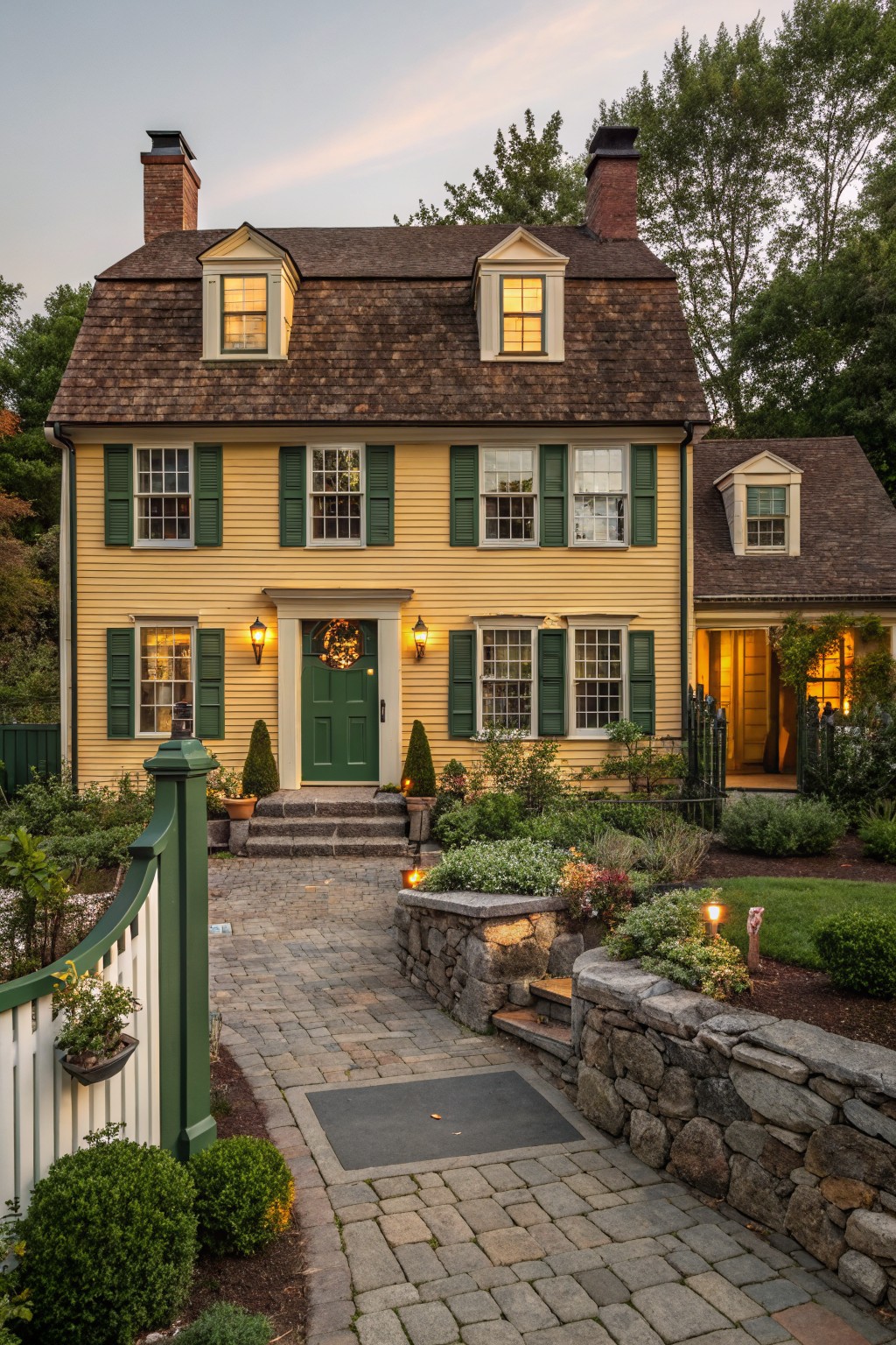 Two-story yellow clapboard house with green shutters, green front door, brown shingle roof, flanked by lanterns, stone pathway, and low landscaping at dusk.