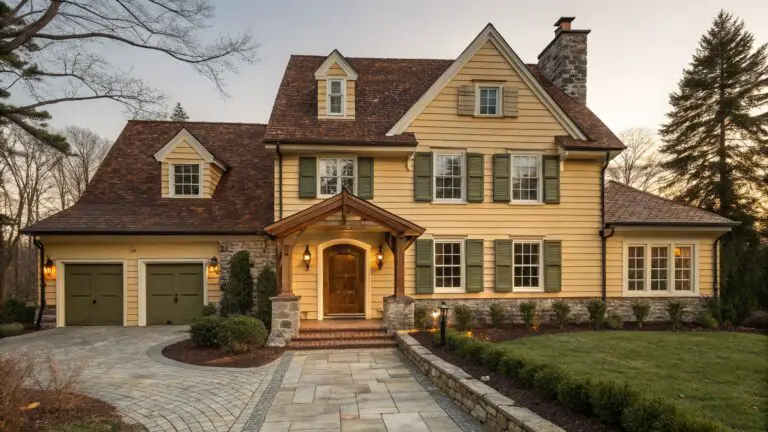 A yellow shingle-style house with brown roof and dormers, featuring a pergola-covered porch with arched wooden front door, green shutters on windows, attached garage with green doors, curved paver pathway, and low shrubs along the front.