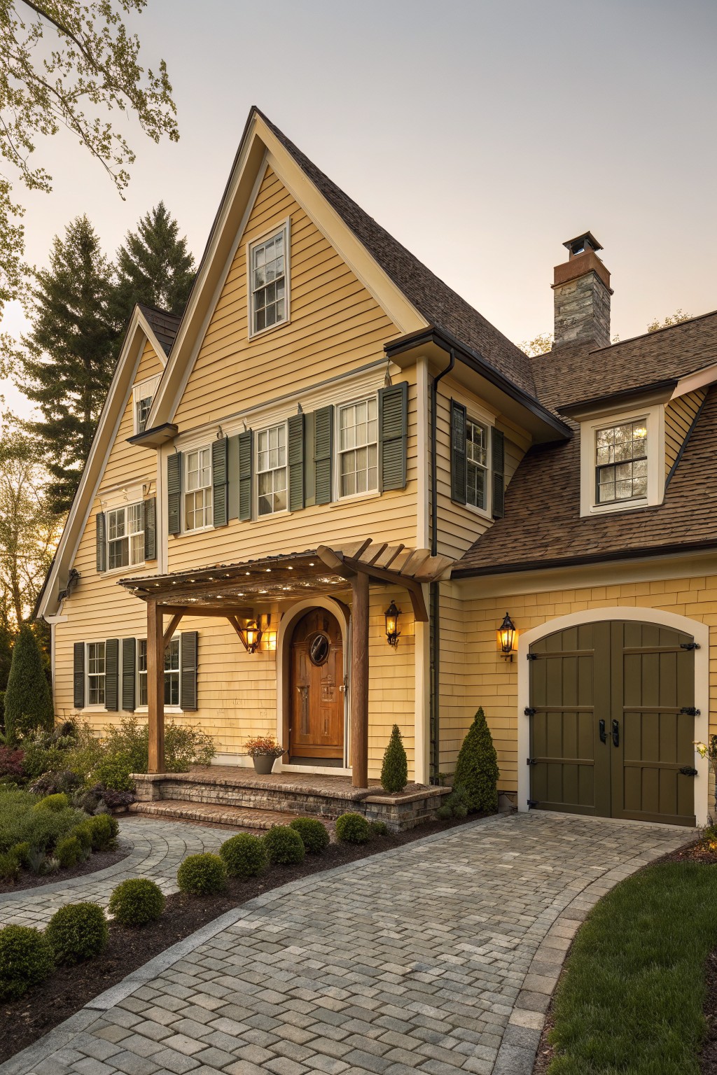 A yellow shingle-style house with brown roof and dormers, featuring a pergola-covered porch with arched wooden front door, green shutters on windows, attached garage with green doors, curved paver pathway, and low shrubs along the front.