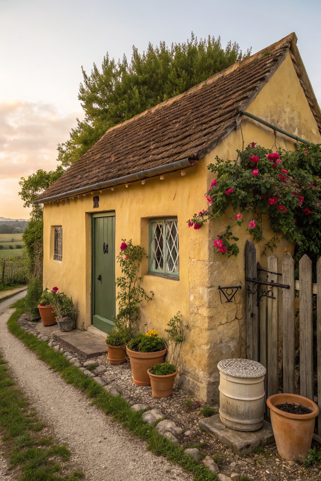 Small yellow plaster cottage with brown tiled roof, green wooden door, small leaded window, climbing pink roses on the corner, potted plants along gravel path, wooden gate, and surrounding greenery in rural setting at sunset.