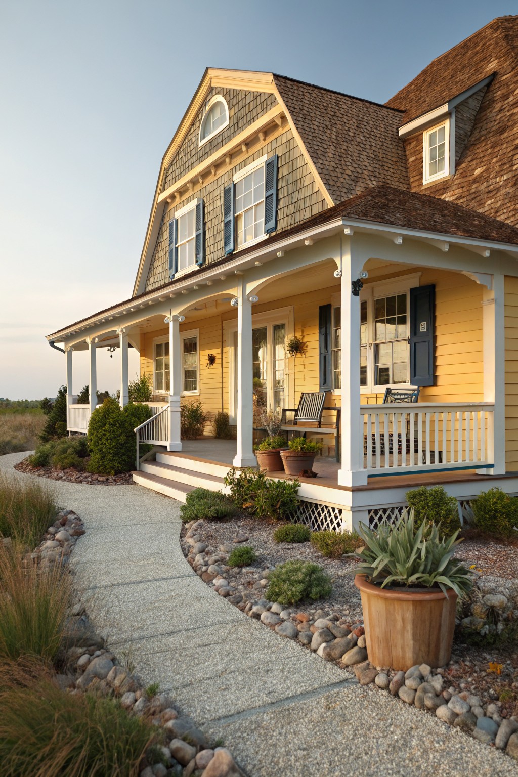 A two-story yellow clapboard house with brown shingle gambrel roof, blue shutters, white trim, wraparound porch with benches, and gravel path edged with rocks and drought-tolerant plants.
