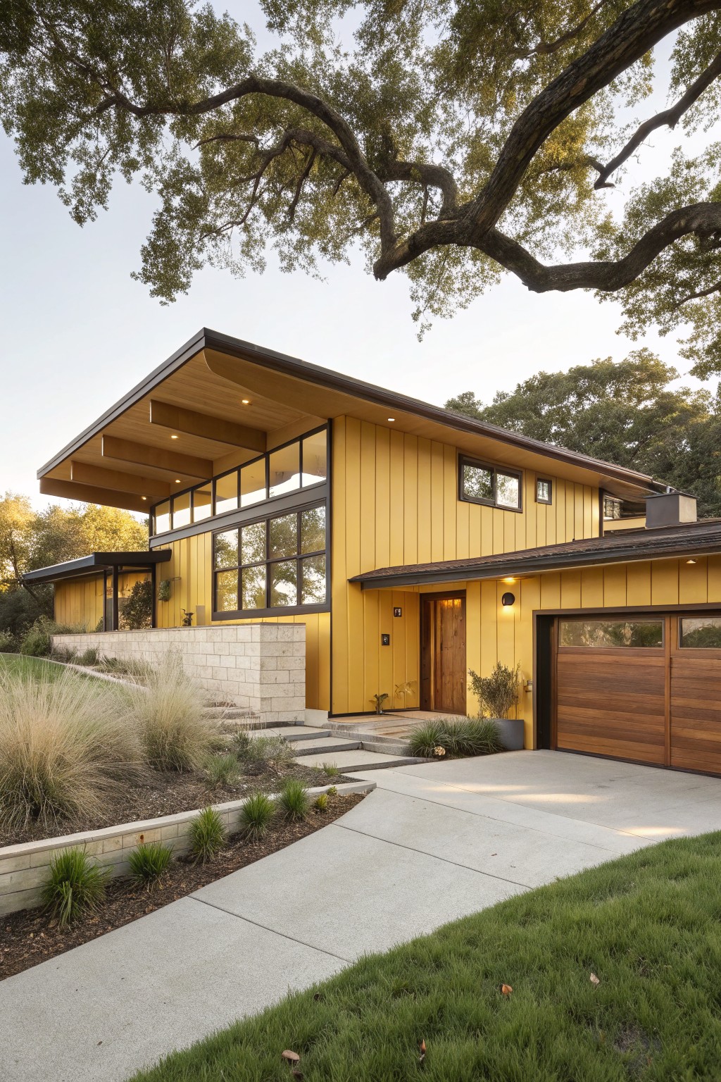 A modern yellow vertical board-and-batten house with dark brown sloped overhanging roof, exposed wooden beams, large window walls, wood garage door, stone base, concrete path, and ornamental grasses under live oak trees.