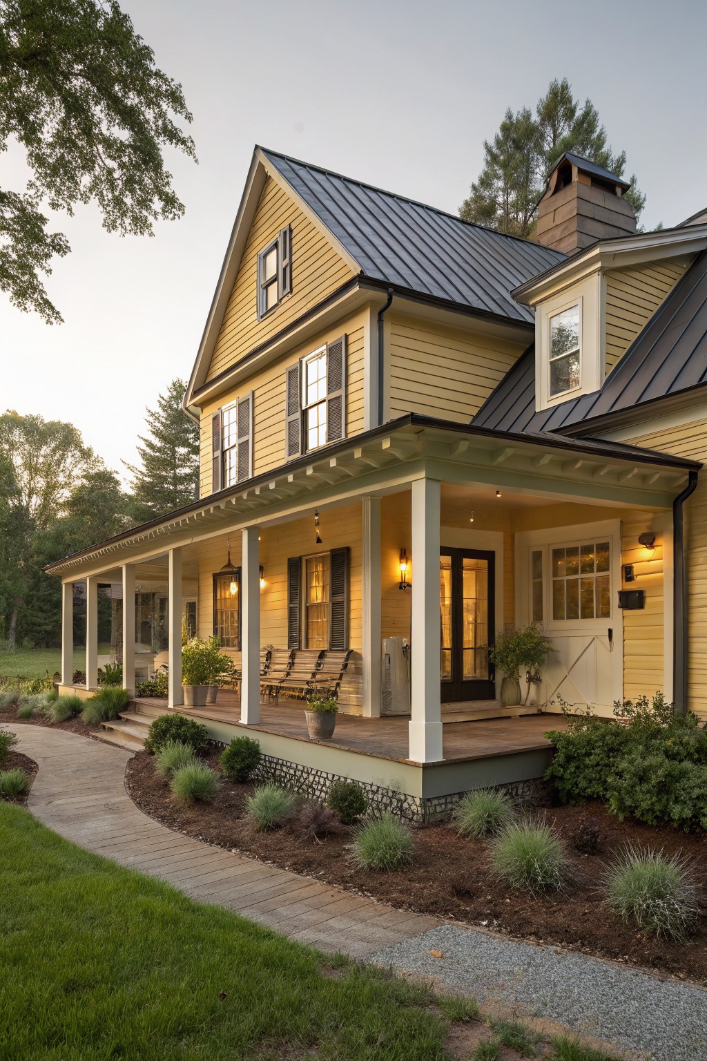 Two-story yellow clapboard house with dark metal roof and wraparound front porch supported by white columns, featuring wooden swings, lanterns, potted plants, and a curved stone path from the lawn amid shrubs and trees.