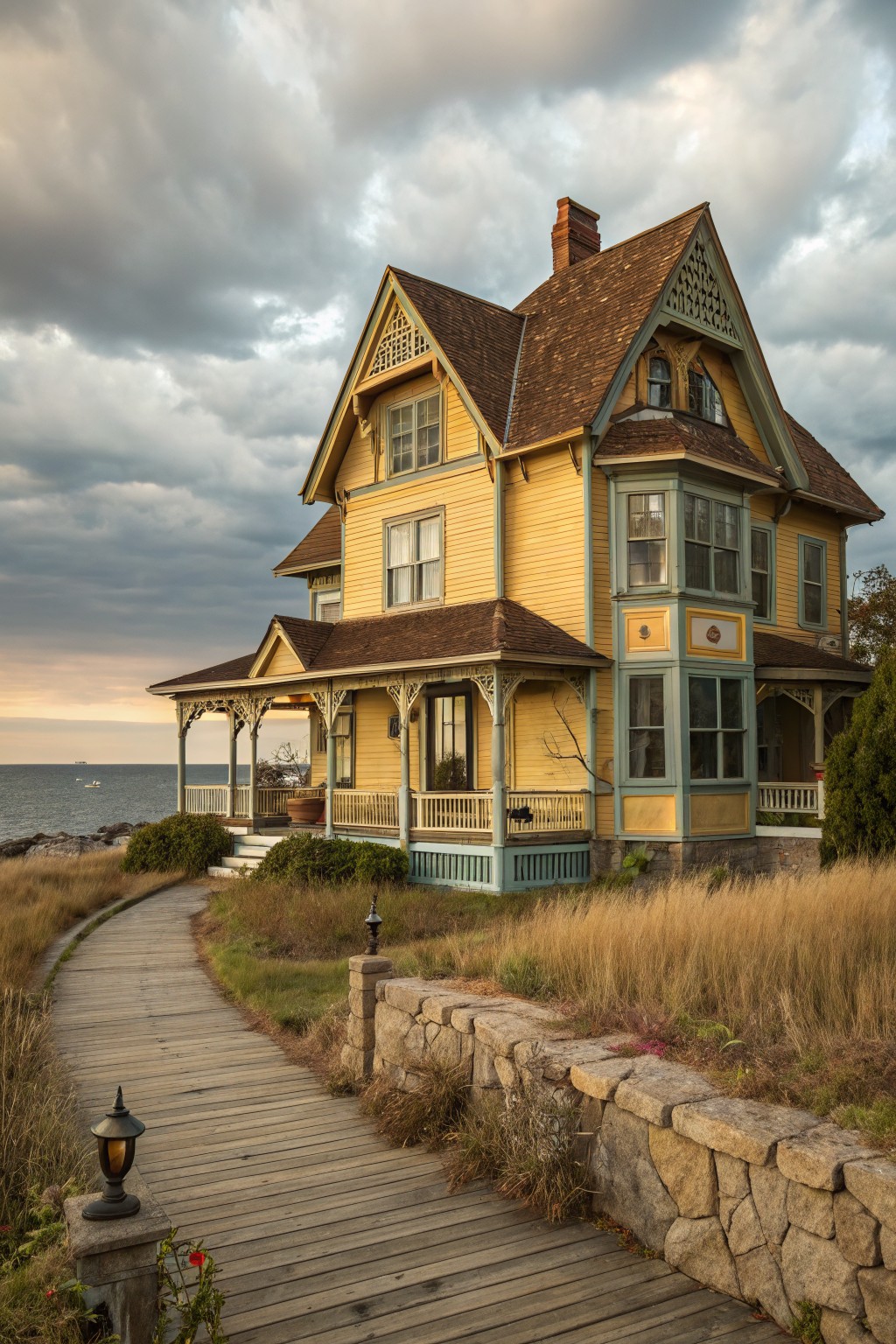 A two-story yellow Victorian house with brown shingled roof, wraparound porch, bay window turret, and double-hung windows, situated on a grassy coastal bluff overlooking the ocean, with a wooden boardwalk path and stone wall leading to it amid tall grasses.