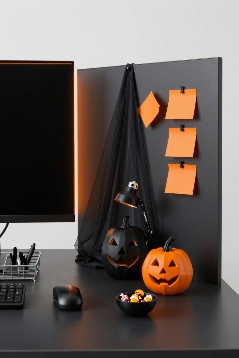 Office cubicle with black desk holding keyboard, mouse, pen holder, black bowl of colorful candy, orange jack-o-lantern decoration, and nearby black jack-o-lantern lamp hanging in draped black tulle on gray partition with orange sticky notes.