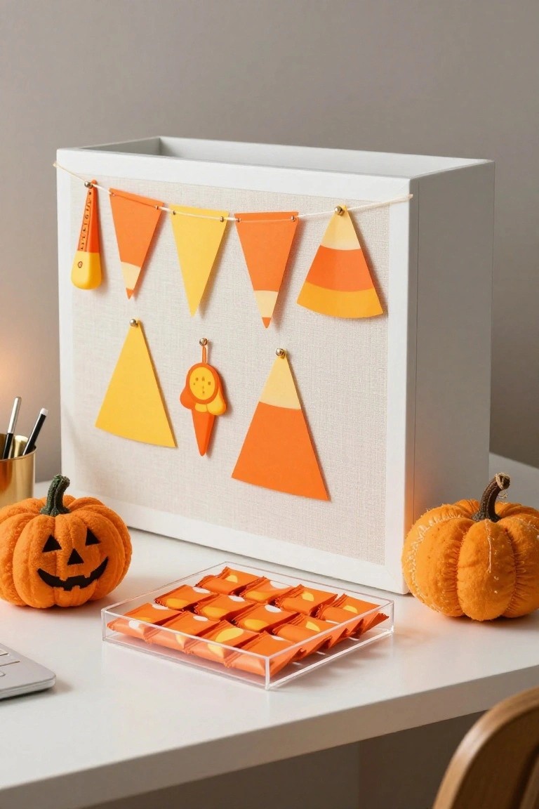 White fabric-covered bulletin board with orange and yellow paper candy corn triangle garland strung across the top, additional candy corn shapes pinned below, small carved pumpkins and a clear tray of orange candy wrappers on a white desk nearby.