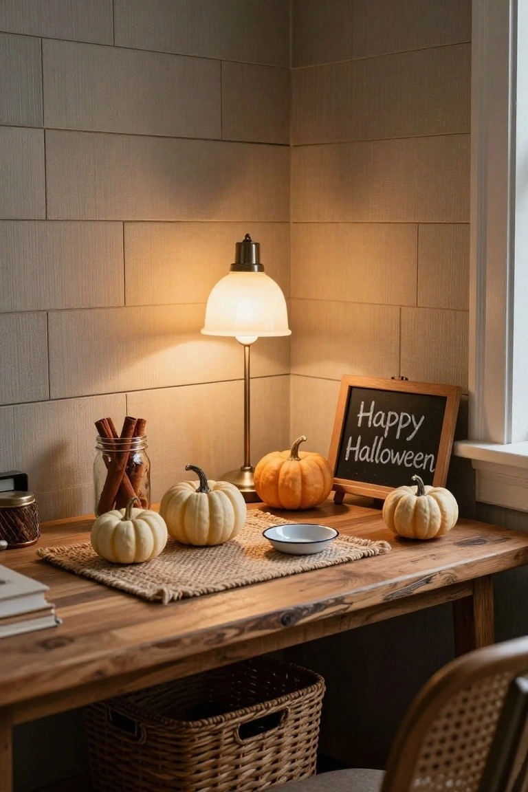 Wooden desk in a tiled corner with white pumpkins, cinnamon sticks in a jar, orange pumpkin, chalkboard sign reading Happy Halloween, white lamp, woven placemat, small dish, books, and basket chair underneath.