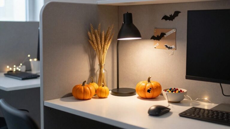 Gray fabric office cubicle corner with white desk, black monitor and keyboard, cluster of small orange carved pumpkins, wheat stalks in glass vase, candy bowl, string lights, bat cutouts on corkboard, and black desk lamp.