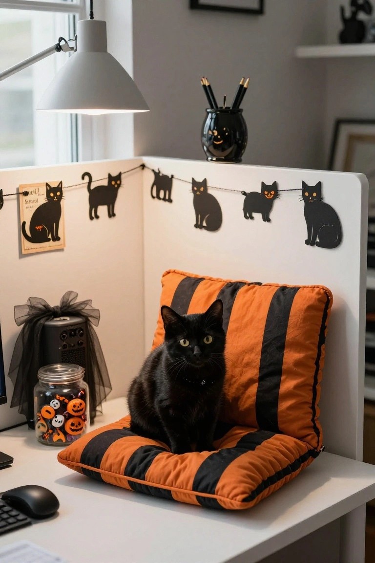 Black cat sitting on orange and black striped cushion on white desk in cubicle corner with black paper cat garland, Halloween candy jar, and desk lamp.