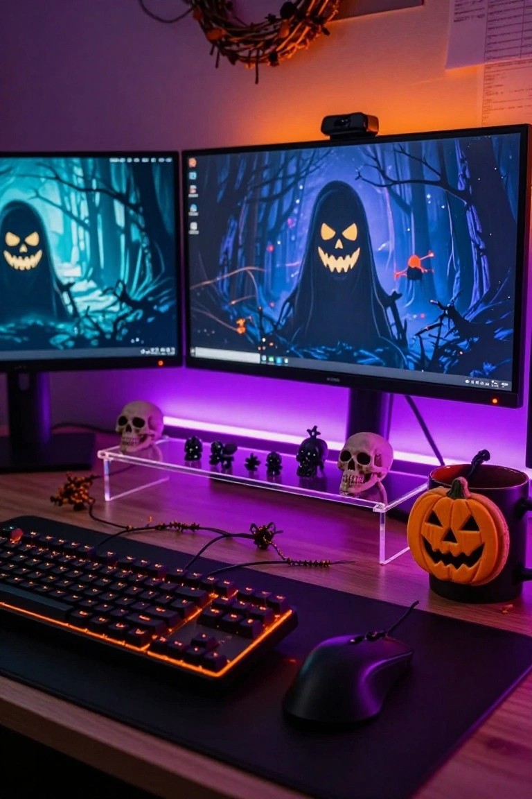 Dual-monitor computer desk with Halloween decorations including a clear shelf displaying plastic skulls lit by purple LED strips, jack-o-lantern mug, RGB keyboard, and spooky ghost wallpapers on screens.