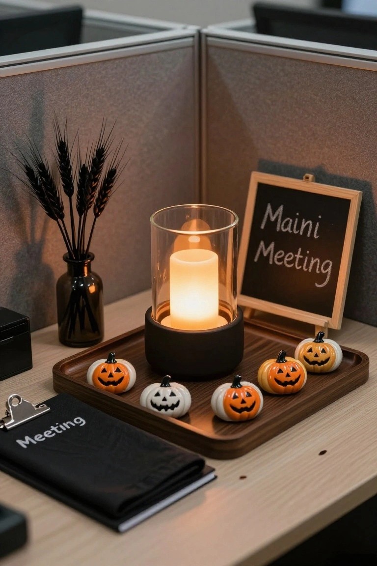 Wooden tray on office cubicle desk holding small orange and white jack-o-lantern pumpkins arranged around a lit candle in clear glass holder on black base, with black wheat stalks in vase nearby and chalkboard sign reading 