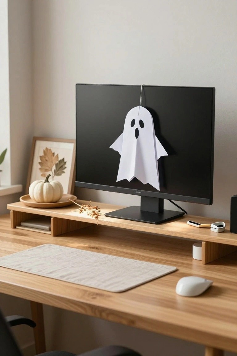 Wooden home office desk with black monitor, white paper ghost hanging from the top edge of the screen, small white pumpkin on a plate, fall leaf artwork in frame, mouse pad, and wireless mouse.