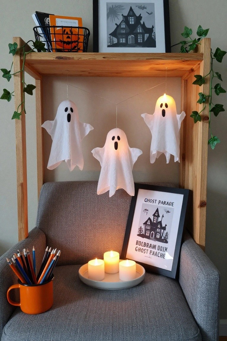 Wooden ladder shelf with fake ivy, orange pumpkin basket, hanging white tissue paper ghosts with internal lights, gray armchair, candles on a plate, colored pencils in orange mug, and framed Ghost Parade poster.