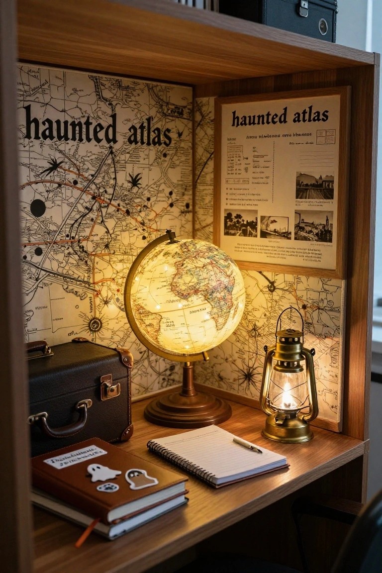 Wooden shelf with haunted atlas poster backdrop, glowing globe on stand, brass lantern, black leather suitcase, notebook with Halloween stickers, and open journal in warm lighting.