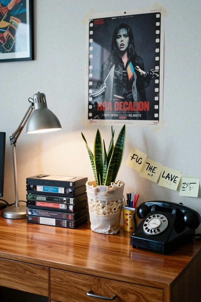 Wooden desk with stacked black VHS tapes, snake plant in crocheted pot holding popcorn, colorful mug, pens, retro black rotary phone, adjustable silver desk lamp turned on, and large vertical M.I.A. Decalion horror movie poster on white wall above, plus yellow sticky notes reading FUG THE LAVE.