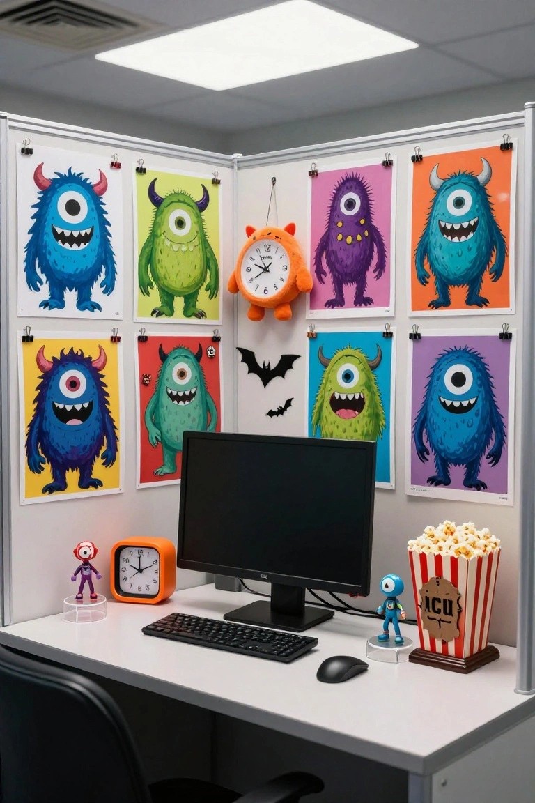 Office cubicle with multiple colorful cartoon monster posters clipped to fabric walls, orange Halloween clock hanging above, small figurines, popcorn bucket on desk next to black computer monitor, keyboard, mouse, and empty chair.