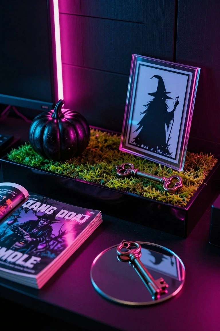Closeup of a black office desk with pink neon lighting illuminating a moss tray holding a black pumpkin and brass keys, a framed black witch silhouette, stacked Halloween comic books, and a brass key on a round mirror.