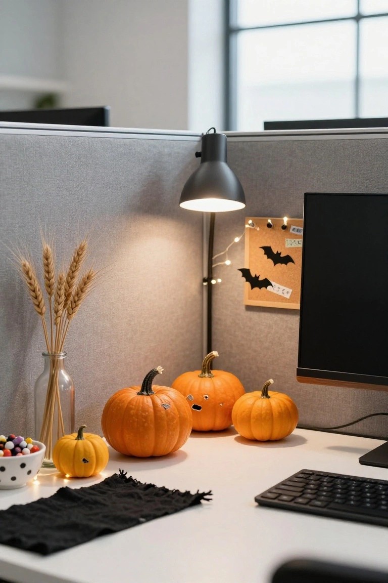 Gray fabric office cubicle corner with white desk, black monitor and keyboard, cluster of small orange carved pumpkins, wheat stalks in glass vase, candy bowl, string lights, bat cutouts on corkboard, and black desk lamp.