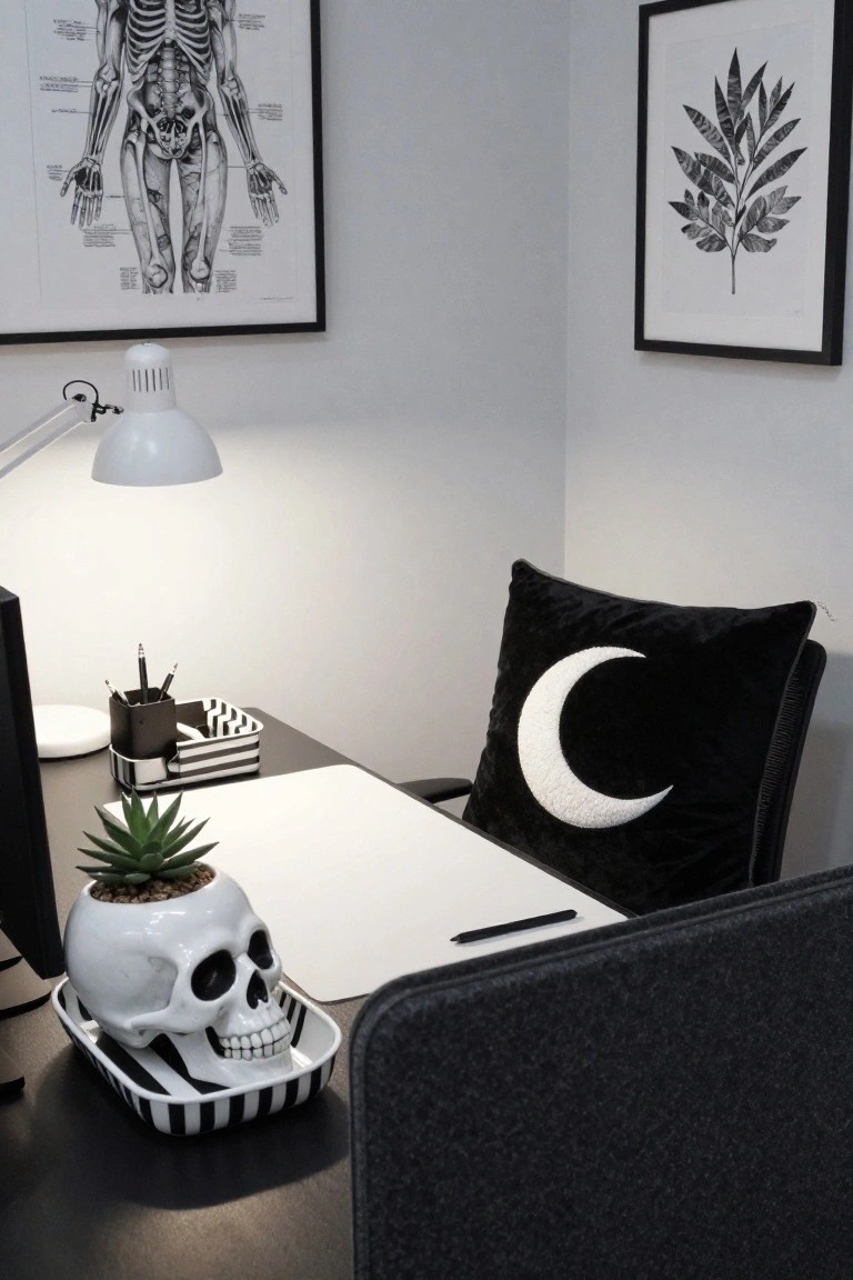 Office cubicle desk with a white skull-shaped planter containing a succulent on a black-and-white striped tray, computer monitor, desk lamp, pen holder, anatomical skeleton poster on wall, and black velvet chair with white crescent moon pillow.