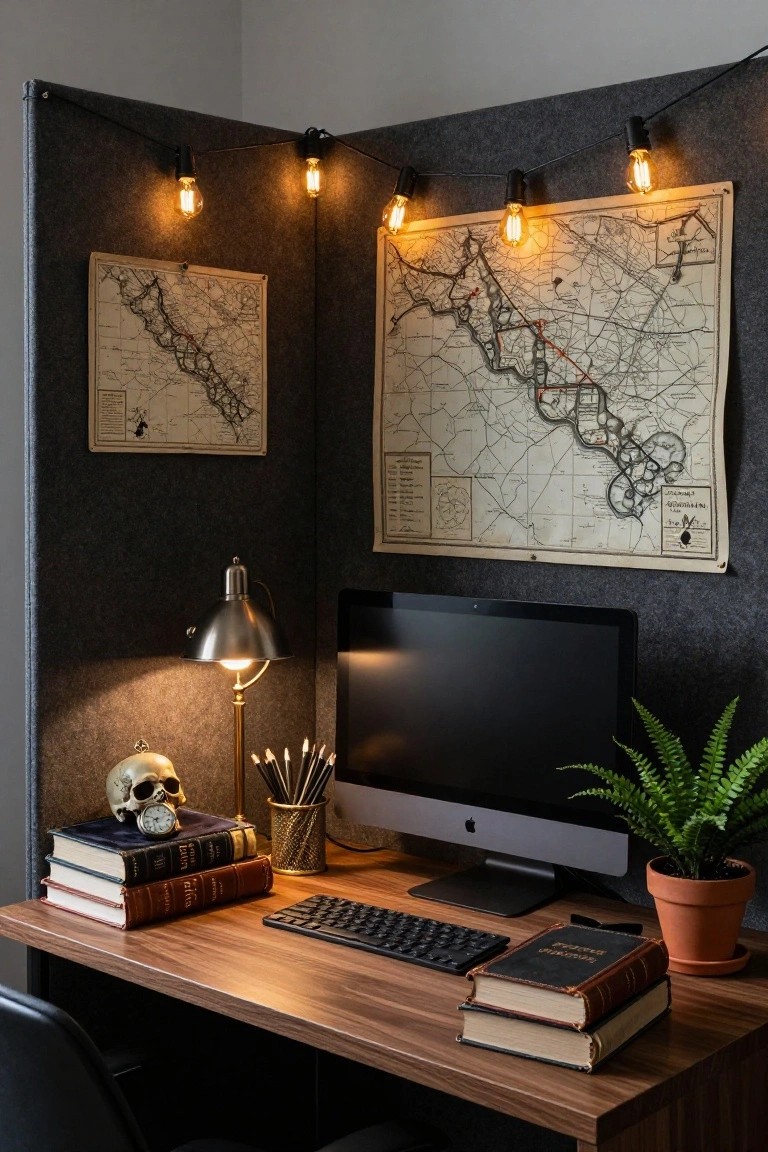 Corner office cubicle with gray felt partitions, draped string lights with Edison bulbs, two pinned vintage maps, wooden desk holding iMac computer, skull on lamp base with pocket watch, stacked antique books, pen holder, fern plant in terracotta pot, and black office chair.