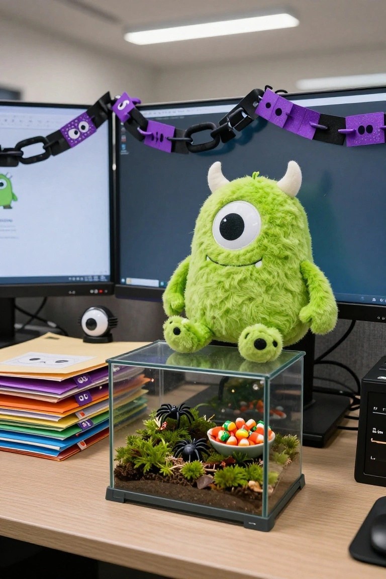 Office cubicle desk with dual monitors, a seated green stuffed monster toy, a glass cube terrarium containing moss, spider decorations, and candy corn in a bowl, colorful file folders, and purple Halloween garland overhead.