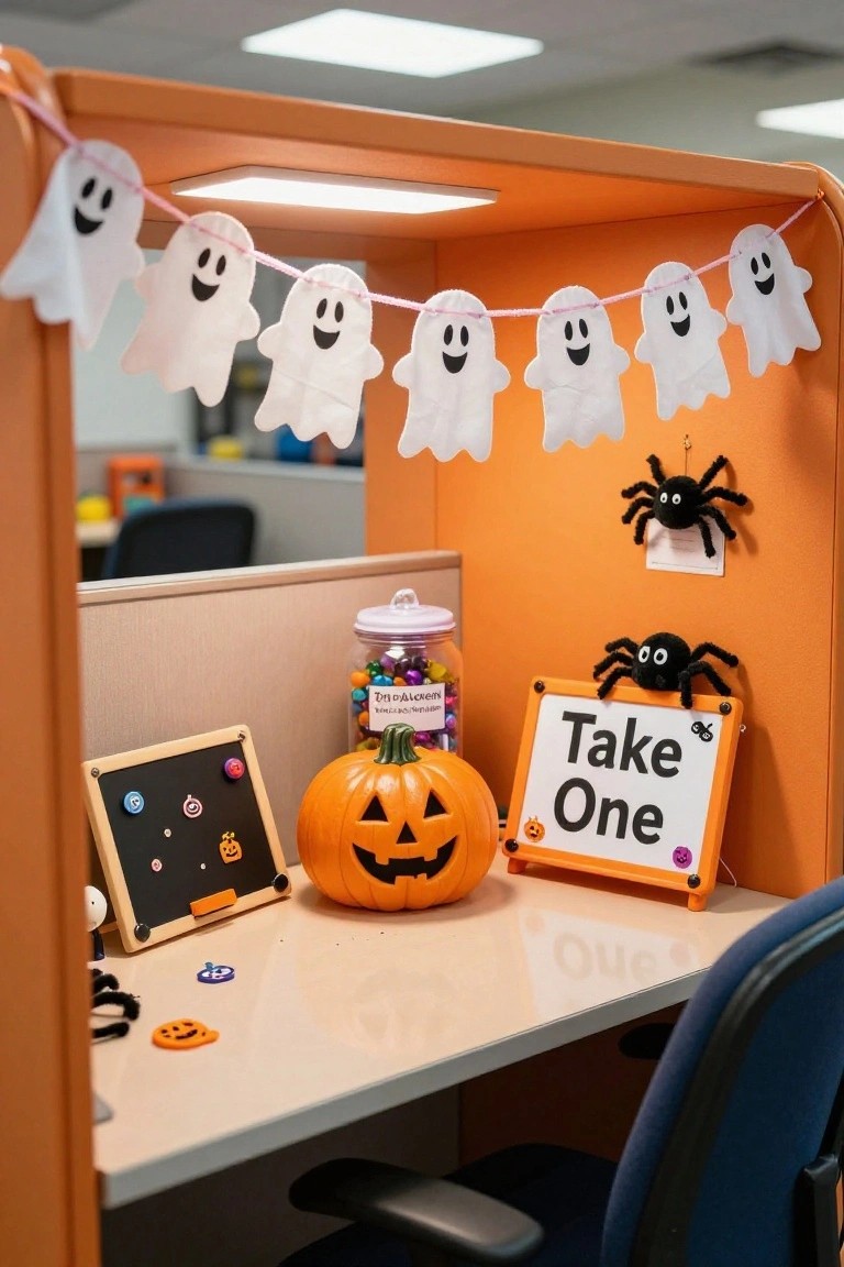 Office cubicle decorated for Halloween with a garland of smiling white ghost cutouts, black spider decorations, a small pumpkin, jar of colorful candies, orange 