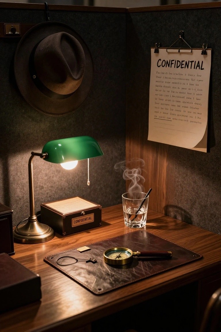 Close-up of a dimly lit office cubicle with a brown fedora hat hanging on the fabric wall, a green banker's lamp on a wooden desk, confidential papers clipped nearby, a magnifying glass, compass, and glass tumbler with a straw.