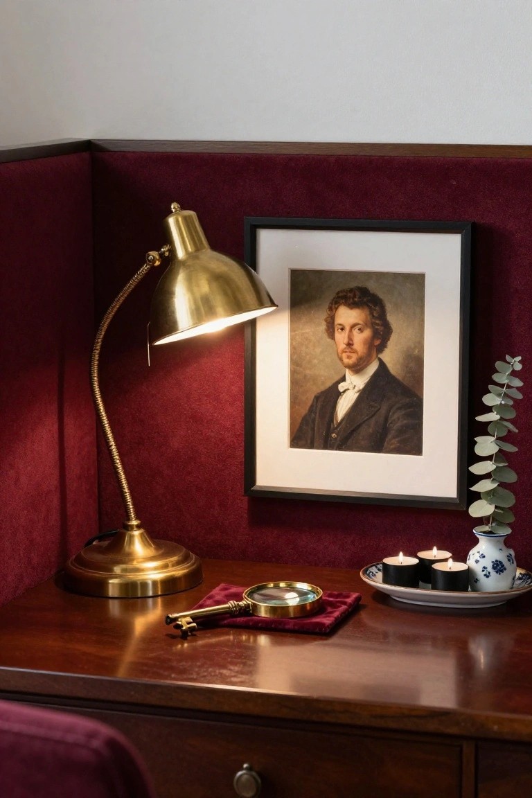 Wooden desk in maroon velvet cubicle corner with gold adjustable lamp lit up, black-framed portrait of bearded man in formal attire, magnifying glass and key on red cloth, plate of black candles, blue vase with eucalyptus, and maroon desk chair.