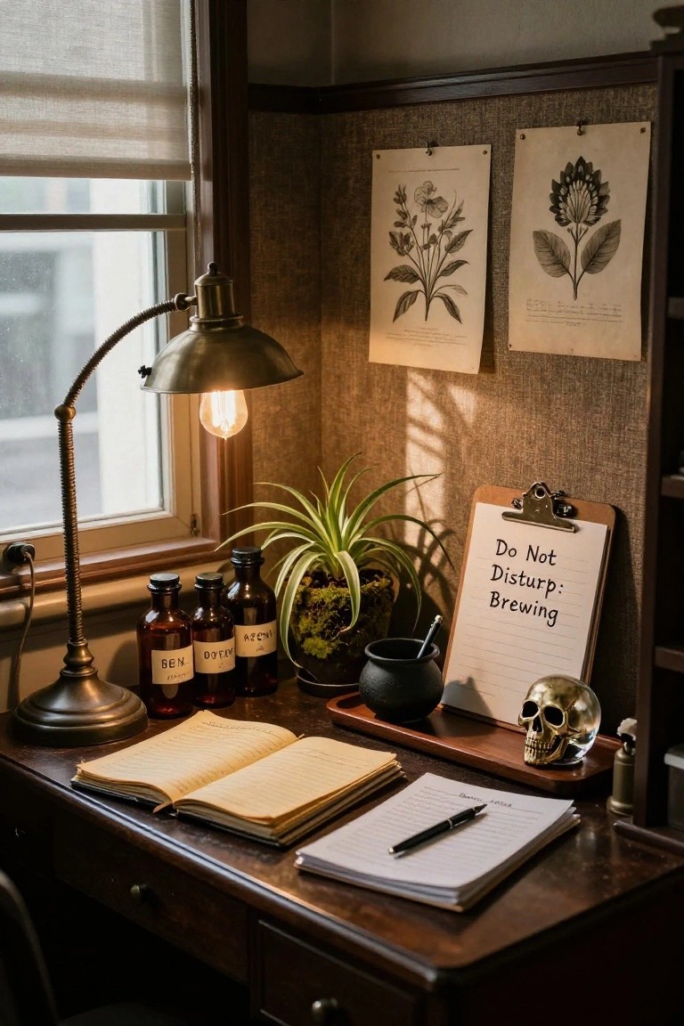 Wooden desk in a cozy office corner with apothecary bottles labeled 